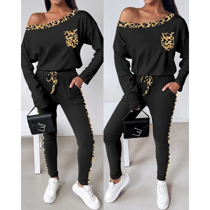 Kadın Uzun Kollu Leopar Detay Viskon Iki Iplik Ikili Takım