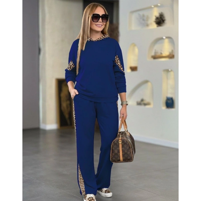 Kadın Uzun Kollu Leopar Detaylı Viskon Iki Iplik Eşofman Takımı