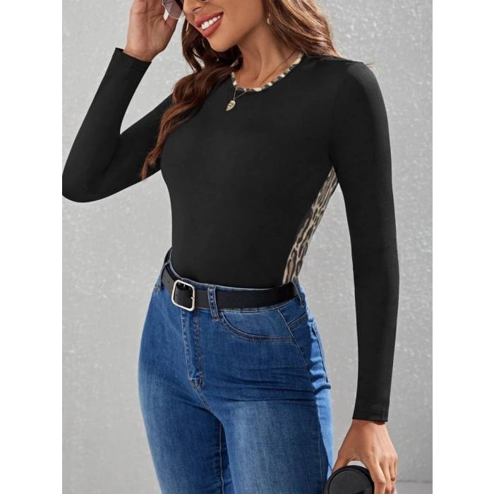 Kadın Uzun Kollu Leopar şeritli Viskon Bluz