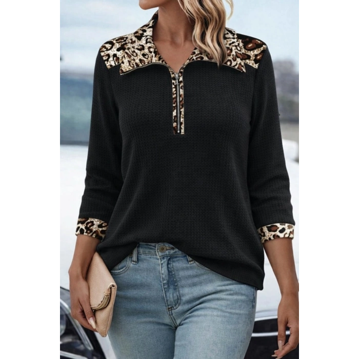 Kadın Uzun Kollu Leopar Yakalı Fermuarlı Waffle Bluz