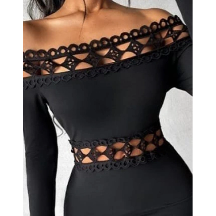 Kadın Uzun Kollu Madonna Dantel Yaka Yırtmaçlı Midi Dalgıç Elbise