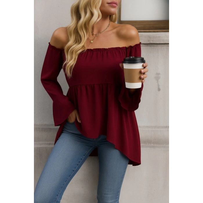 Kadın Uzun Kollu Madonna Yaka Asimetrik Detaylı Kolları Ispanyol Viskon Bluz