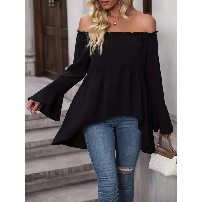 Kadın Uzun Kollu Madonna Yaka Asimetrik Detaylı Kolları Ispanyol Viskon Bluz