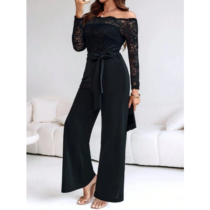 Kadın Uzun Kollu Madonna Yaka Dantelli Yandan Bağlamalı Ithal Krep Tulum