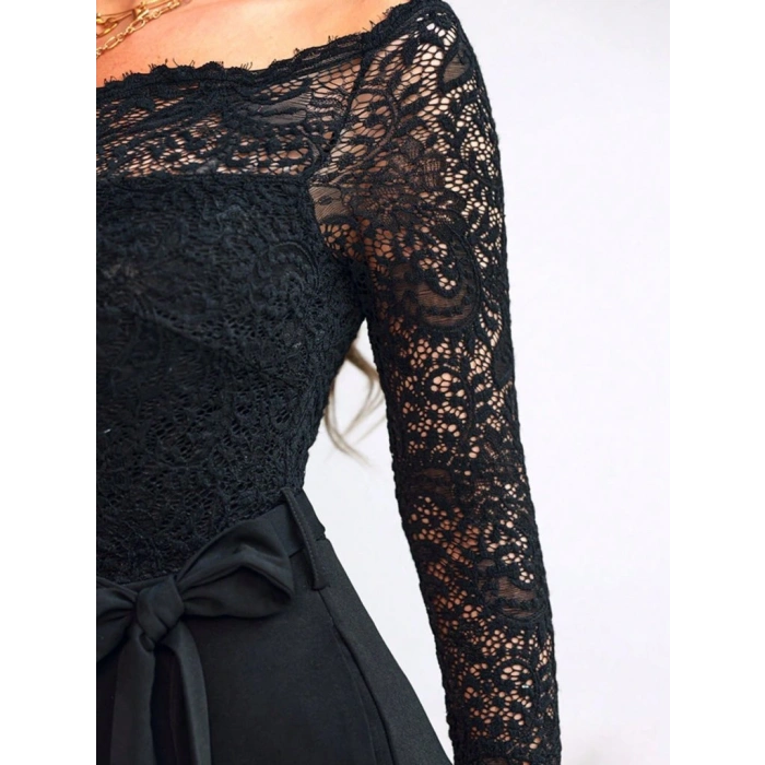 Kadın Uzun Kollu Madonna Yaka Dantelli Yandan Bağlamalı Ithal Krep Tulum