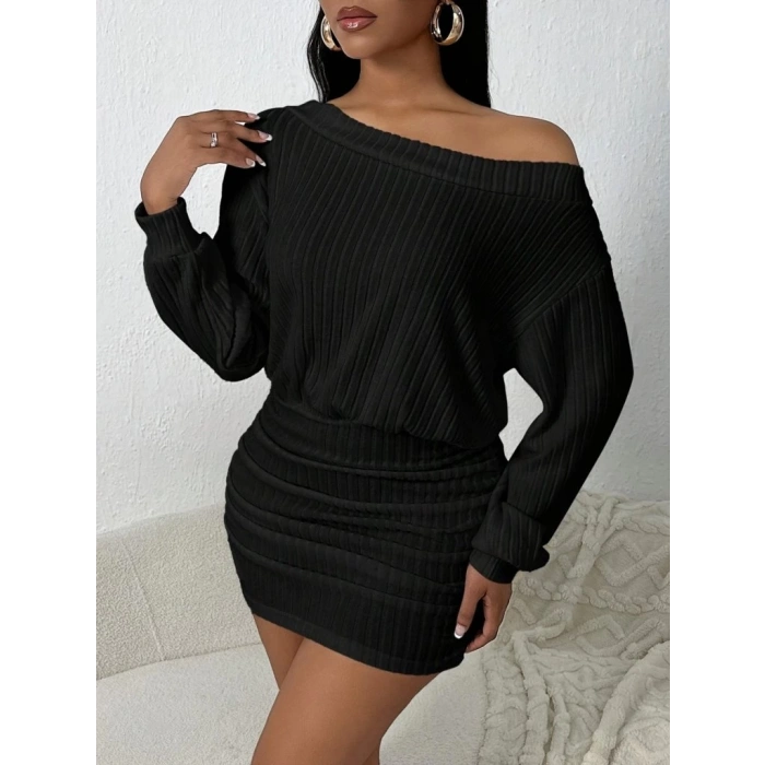 Kadın Uzun Kollu Madonna Yaka Yanlardan Büzgülü şardonlu Kaşkorse Mini Elbise