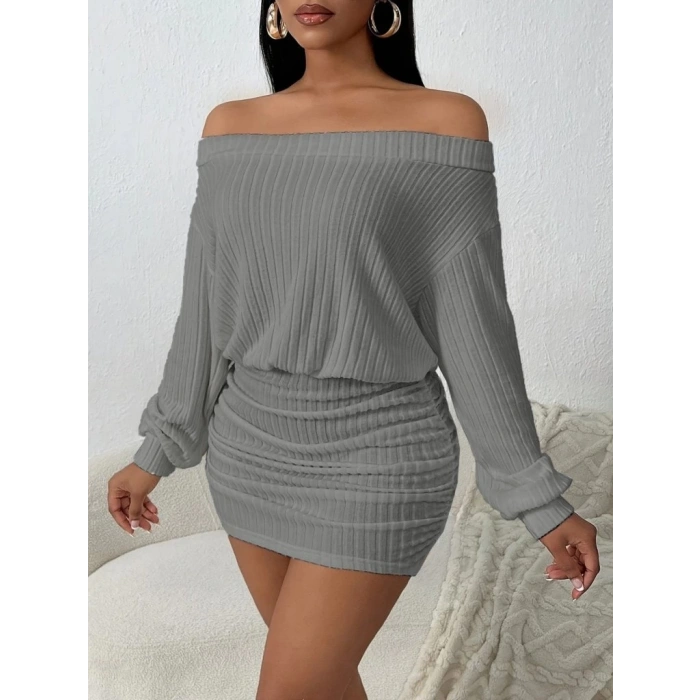 Kadın Uzun Kollu Madonna Yaka Yanlardan Büzgülü şardonlu Kaşkorse Mini Elbise