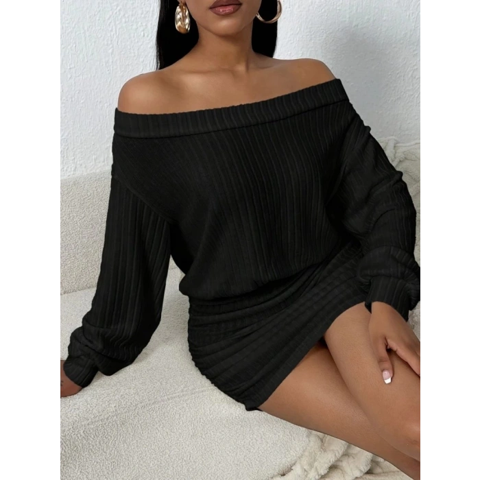 Kadın Uzun Kollu Madonna Yaka Yanlardan Büzgülü şardonlu Kaşkorse Mini Elbise