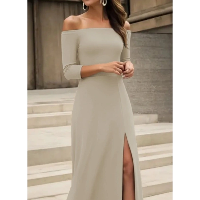 Kadın Uzun Kollu Madonna Yakalı Yırtmaç Detaylı Uzun Ithal Krep Elbise