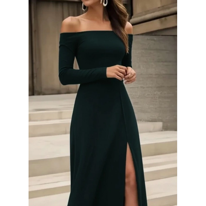 Kadın Uzun Kollu Madonna Yakalı Yırtmaç Detaylı Uzun Ithal Krep Elbise