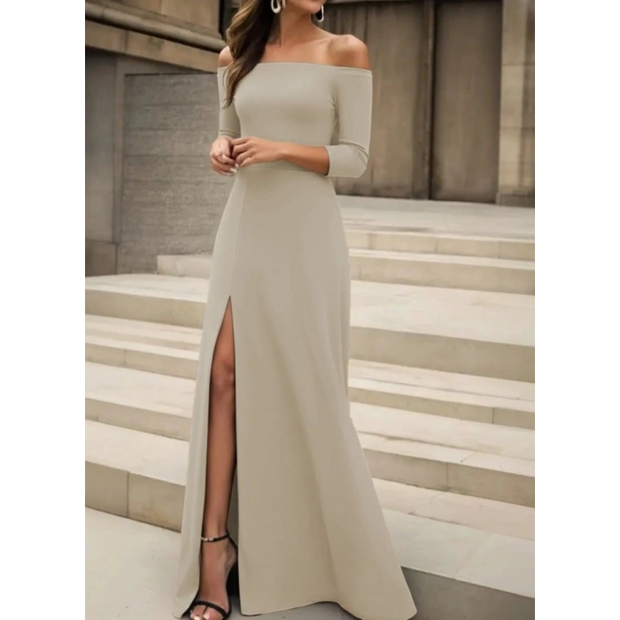 Kadın Uzun Kollu Madonna Yakalı Yırtmaç Detaylı Uzun Ithal Krep Elbise