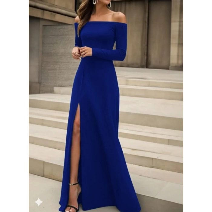 Kadın Uzun Kollu Madonna Yakalı Yırtmaç Detaylı Uzun Ithal Krep Elbise