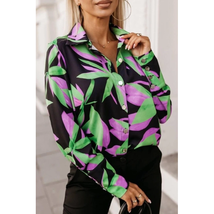 Kadın Uzun Kollu Metal Düğme Detay çiçek Baskılı Mosskrep Kumaş Gömlek