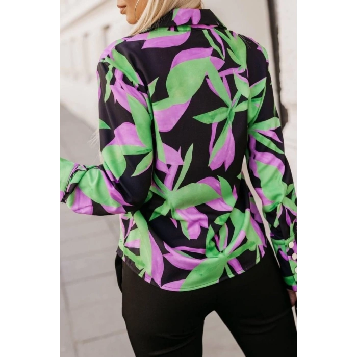 Kadın Uzun Kollu Metal Düğme Detay çiçek Baskılı Mosskrep Kumaş Gömlek