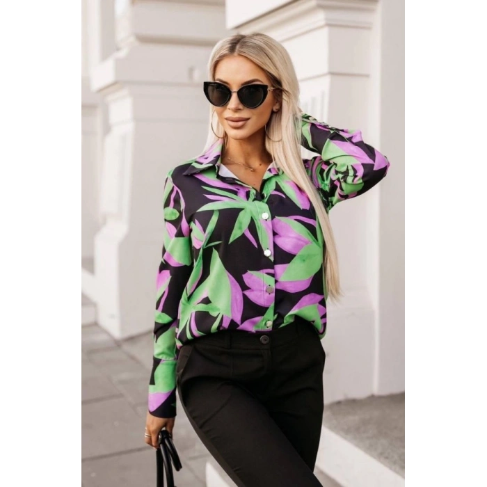 Kadın Uzun Kollu Metal Düğme Detay çiçek Baskılı Mosskrep Kumaş Gömlek