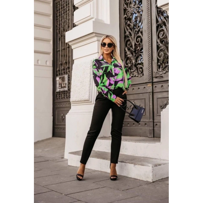 Kadın Uzun Kollu Metal Düğme Detay çiçek Baskılı Mosskrep Kumaş Gömlek