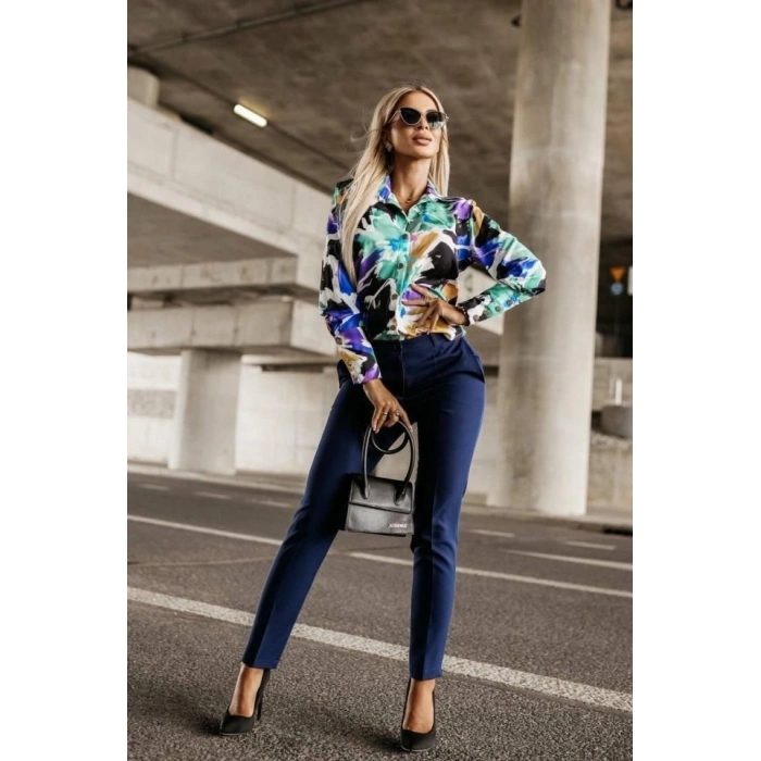 Kadın Uzun Kollu Metal Düğme Detay Renk Baskılı Mosskrep Kumaş Gömlek