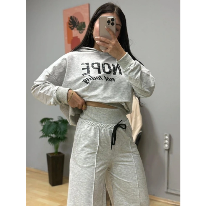 Kadın Uzun Kollu Nope Baskılı Beli Ribanalı Ikili Takım