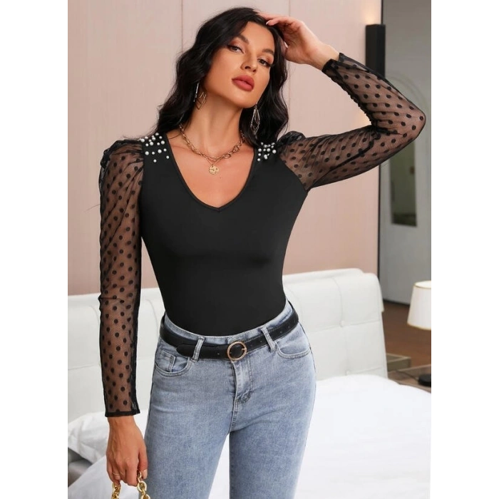 Kadın Uzun Kollu Omuz Inci Kollar Tül Detay Viskon Bluz