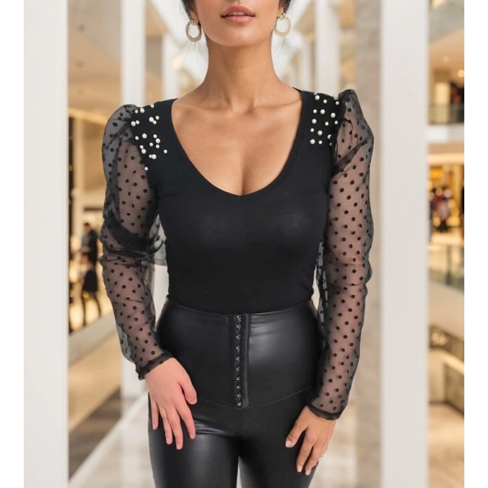 Kadın Uzun Kollu Omuz Inci Kollar Tül Detay Viskon Bluz