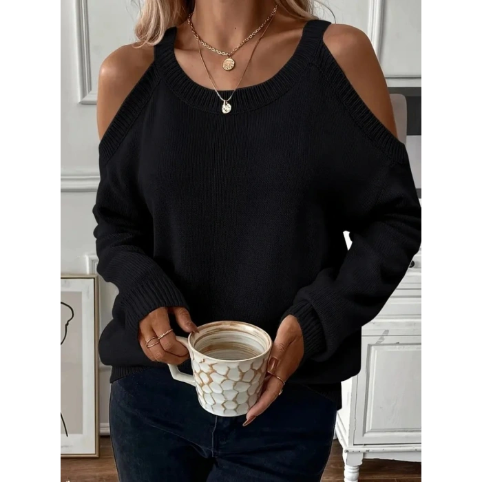 Kadın Uzun Kollu Omuzlardan Açık Askılı Triko Bluz