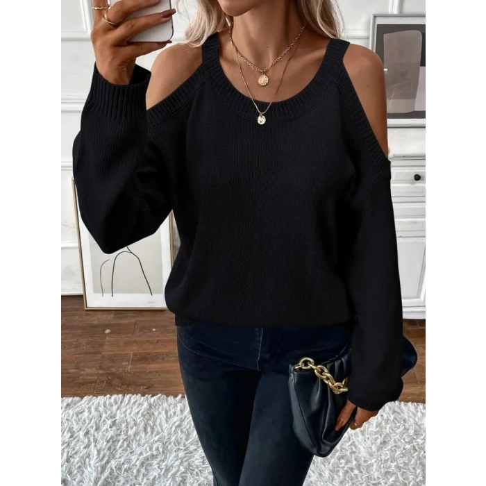 Kadın Uzun Kollu Omuzlardan Açık Askılı Triko Bluz
