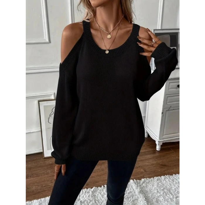 Kadın Uzun Kollu Omuzlardan Açık Askılı Triko Bluz