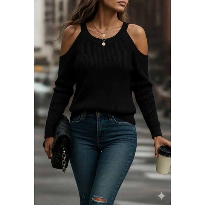 Kadın Uzun Kollu Omuzlardan Açık Askılı Yuvarlak Yaka Triko Bluz