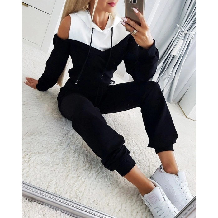 Kadın Uzun Kollu Omuzlardan Açık Kapşonlu Bağcıklı çift Renkli Viskon Iki Iplik Bluz Ve Pantolon Ikili Takım