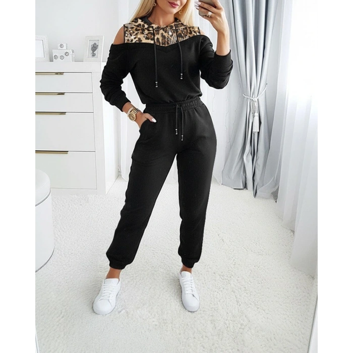 Kadın Uzun Kollu Omuzlardan Açık Leopar Desenli Kapşonlu Viskon Iki Iplik Bluz Ve Pantolon Ikili Takım