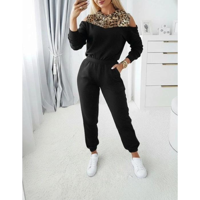 Kadın Uzun Kollu Omuzlardan Açık Leopar Desenli Kapşonlu Viskon Iki Iplik Bluz Ve Pantolon Ikili Takım
