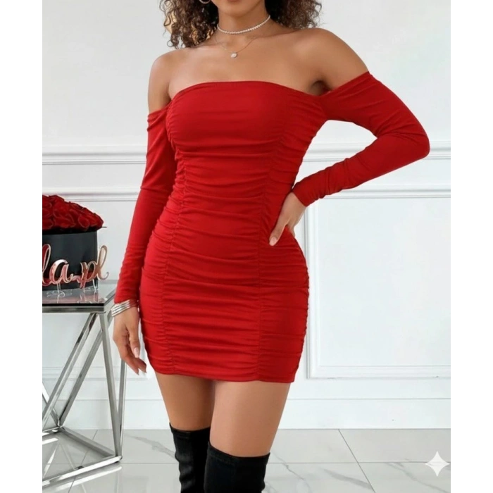 Kadın Uzun Kollu Omuzlardan Açık Takma Kollu Büzgülü Sandy Kısa Elbise