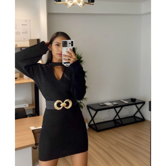 Kadın Uzun Kollu Omuzları Açık Boyundan şerit Detay Kaşkorse Elbise