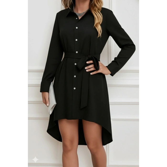 Kadın Uzun Kollu ön Kısım Kısım Arka Kısım Uzun Trikoton Gömlek Elbise