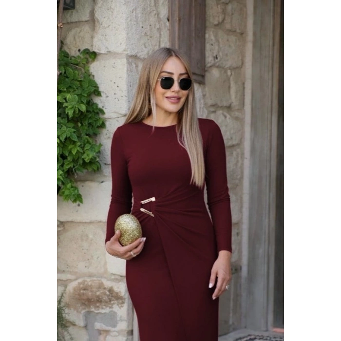 Kadın Uzun Kollu önden çapraz Detaylı Yandan Toka Detaylı Uzun Sandy Elbise
