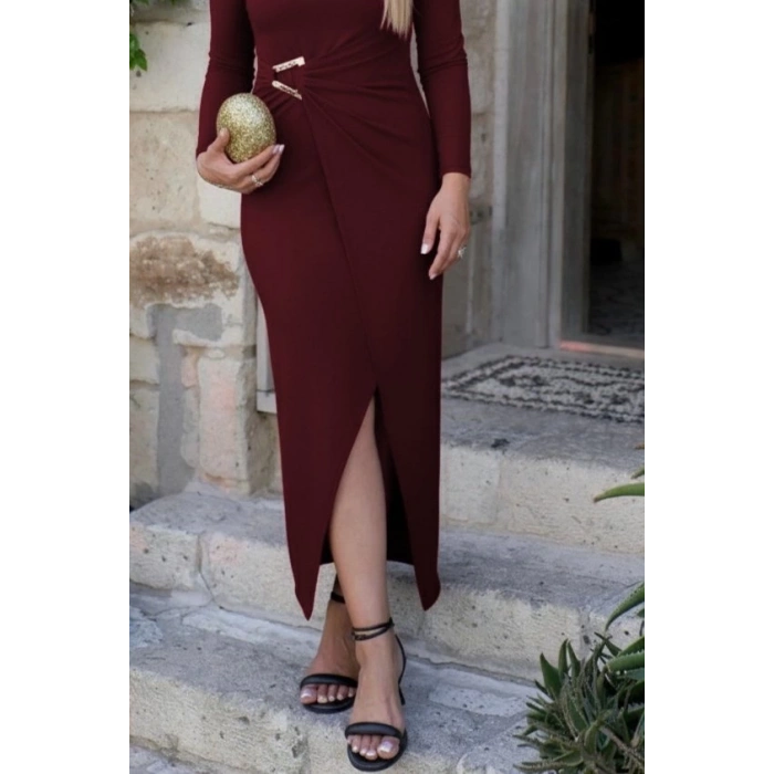 Kadın Uzun Kollu önden çapraz Detaylı Yandan Toka Detaylı Uzun Sandy Elbise