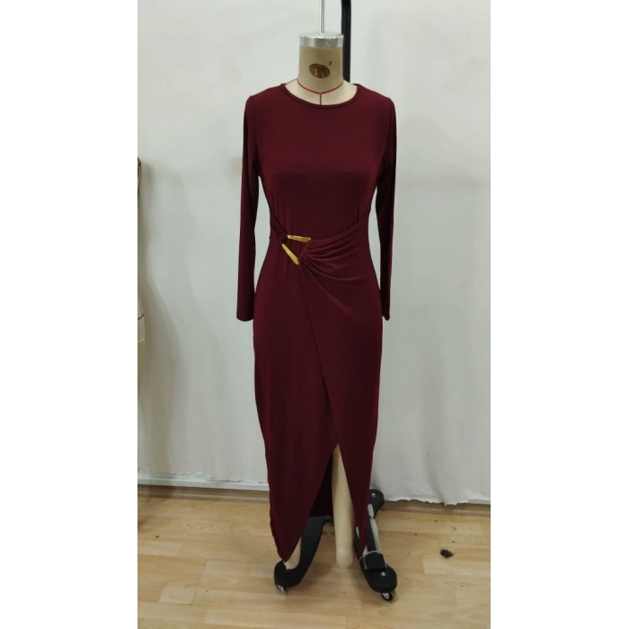 Kadın Uzun Kollu önden çapraz Detaylı Yandan Toka Detaylı Uzun Sandy Elbise