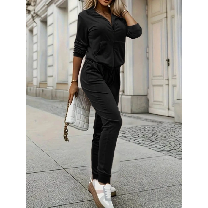 Kadın Uzun Kollu önden Cepli Fermuarlı Kadife Bluz Ve Pantolon Ikili Takım