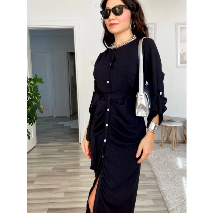 Kadın Uzun Kollu önden Düğmeli Beli Kuşaklı Aerobin Midi Elbise