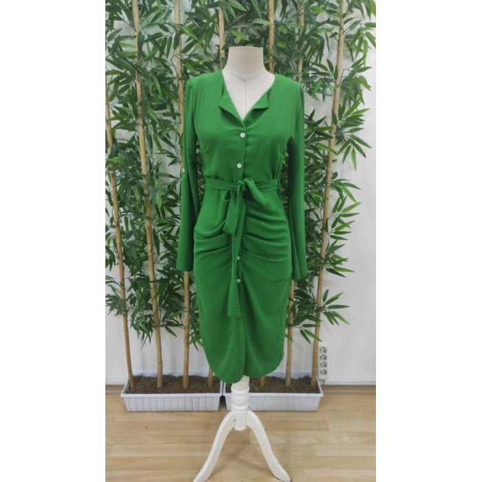 Kadın Uzun Kollu önden Düğmeli Beli Kuşaklı Aerobin Midi Elbise