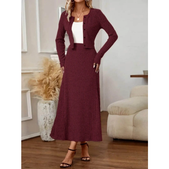 Kadın Uzun Kollu önden Düğmeli Bluz Ve Yüksek Bel A Kesim Uzun Etek şardonlu Kaşkorse Ikili Takım