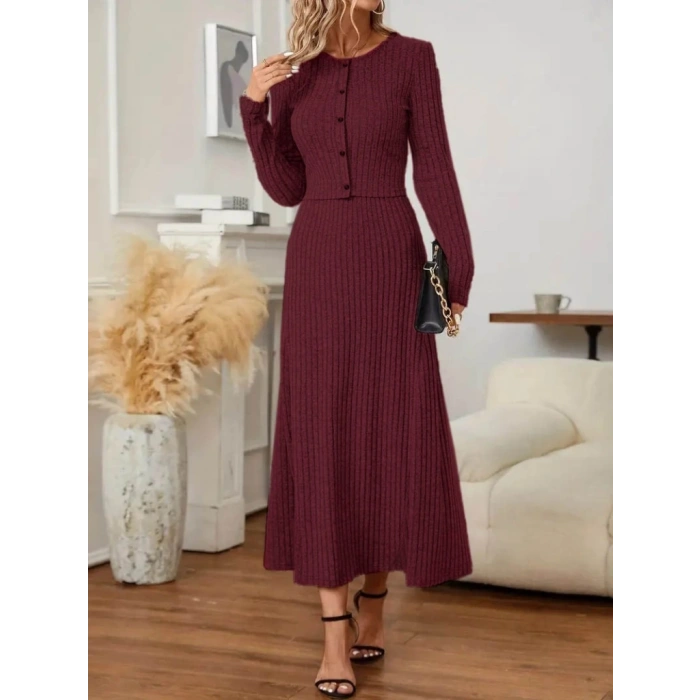 Kadın Uzun Kollu önden Düğmeli Bluz Ve Yüksek Bel A Kesim Uzun Etek şardonlu Kaşkorse Ikili Takım