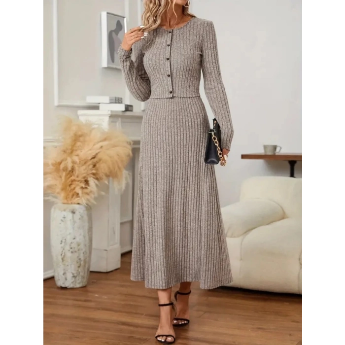 Kadın Uzun Kollu önden Düğmeli Bluz Ve Yüksek Bel A Kesim Uzun Etek şardonlu Kaşkorse Ikili Takım