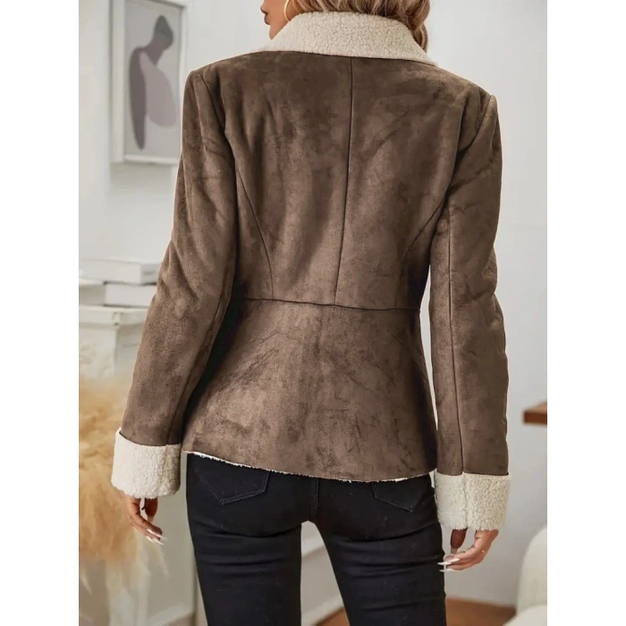 Kadın Uzun Kollu önden Düğmeli Cep Detaylı Kısa Süet Ceket