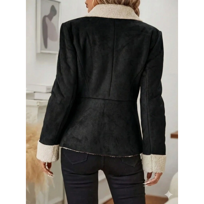 Kadın Uzun Kollu önden Düğmeli Cep Detaylı Kısa Süet Ceket