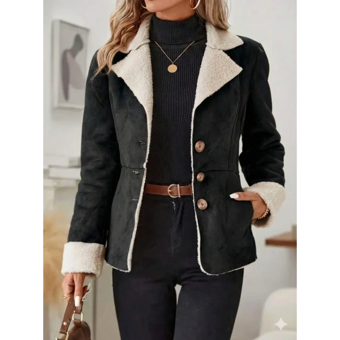 Kadın Uzun Kollu önden Düğmeli Cep Detaylı Kısa Süet Ceket