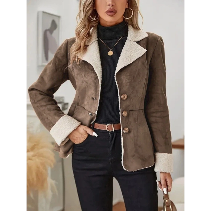 Kadın Uzun Kollu önden Düğmeli Cep Detaylı Kısa Süet Ceket