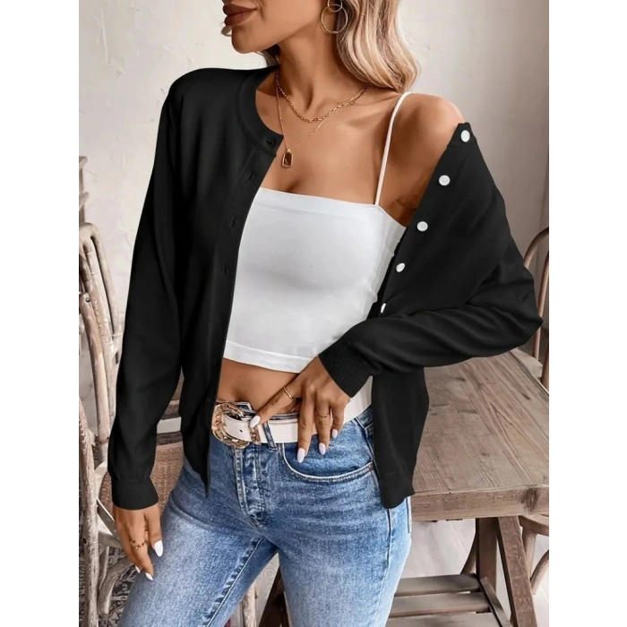 Kadın Uzun Kollu önden Düğmeli Triko Ceket