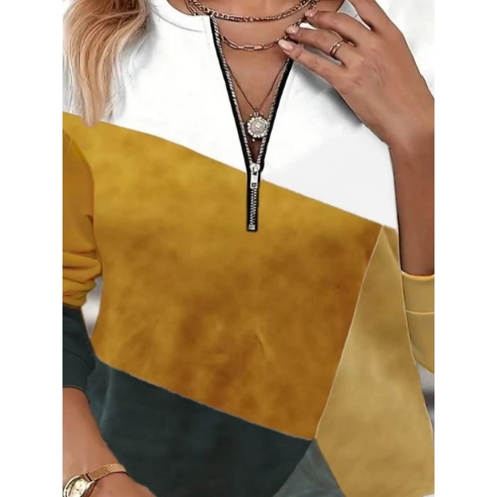 Kadın Uzun Kollu önden Fermuar Detaylı Desenli şardonlu Dalgıç Bluz