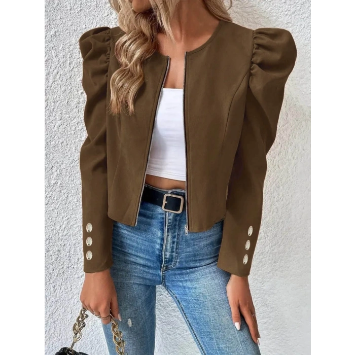 Kadın Uzun Kollu önden Fermuarlı Balon Kol Süet Ceket